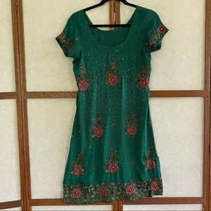 Vintage Handmade Silky Kurdi Tunic/Dress Emerald with Beading and Embroidered